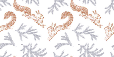 Squirrels jumping, christmas tree branches, hand drawn seamless pattern, vector, background, paper, wallpaper