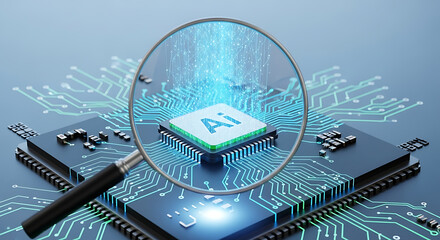 A magnifying glass revealing the core of an artificial intelligence microchip, with glowing data streams illustrating machine learning power