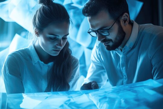 Two professionals intensely focused on a glowing blue surface, possibly a digital display or project documents, in a futuristic work environment.