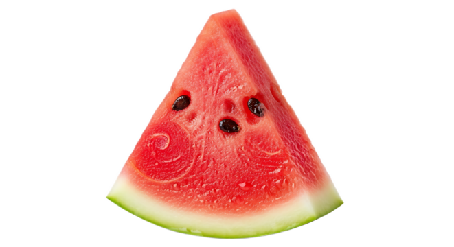 A close up shot of a triangular slice of watermelon with seeds on a black background studio shot