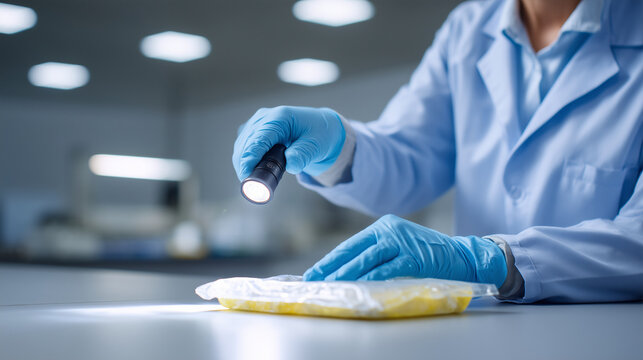 Lab technician inspecting sealed sample in laboratory - Powered by Adobe