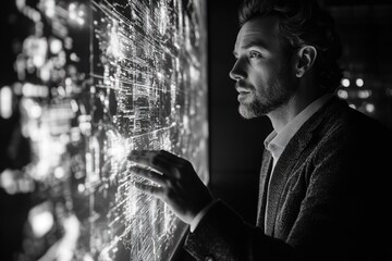 A man intently interacts with a glowing, complex digital map or data visualization on a large screen in a dark, futuristic setting.