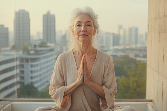 A serene senior Asian woman with grey hair meditates in a peaceful yoga pose on a city balcony, embodying calm and wellness.