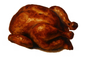Roasted chicken or turkey cooking for thanksgiving dinner, holiday food illustration with transparent background