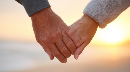 Senior couple holding hands at sunset