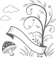 Whimsical floral banner with mushroom and clouds for decorative design isolated on transparent background