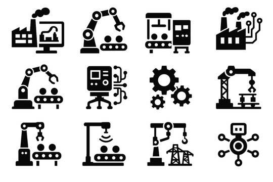 Grid smart industrial conveyor assembly simulation icon set vector production sensor digital