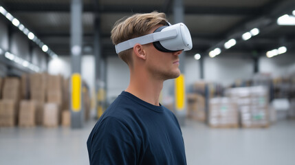 Man using VR headset in warehouse