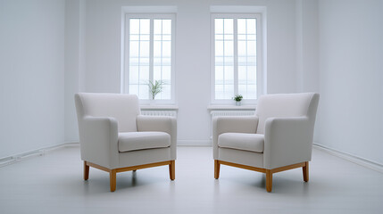 Obraz premium Two beige armchairs in minimal white room