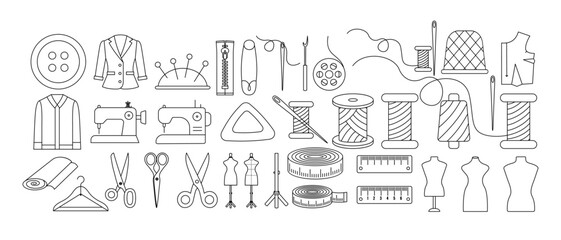 Obraz premium Set of sewing, tailoring, and garment making line icons thread, needle, scissors, mannequin, measuring tape, button, ruler and sewing machine.