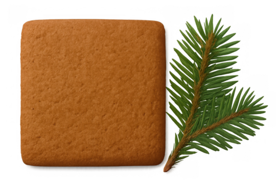 Gingerbread cookie with fir branch on transparent background for holiday season and christmas celebration