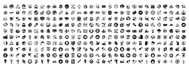 An extensive compilation of black icons on a, showcasing a wide range of symbols for environmental, technological, and business applications