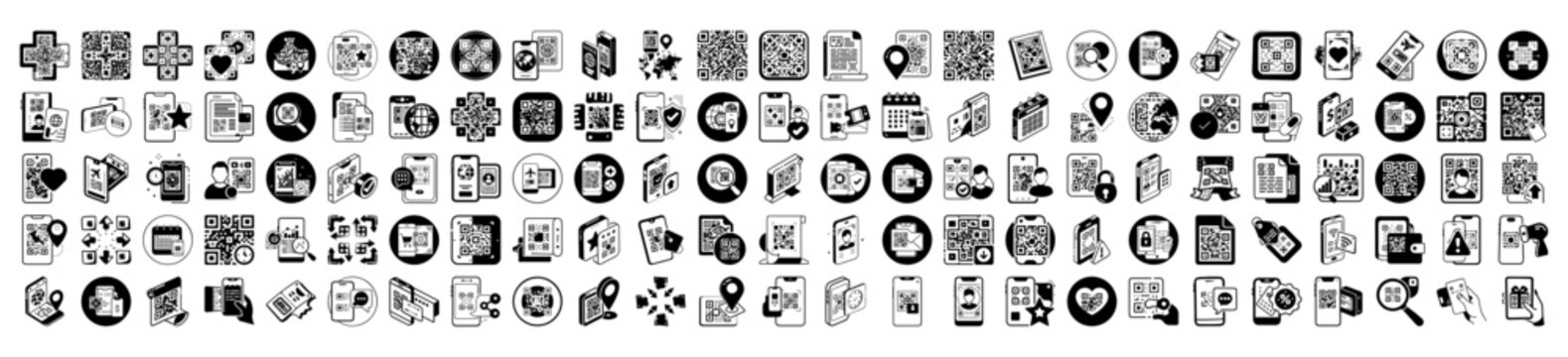An extensive array of black document and file related icons on a, perfect for software interfaces, data management, and organizational tools