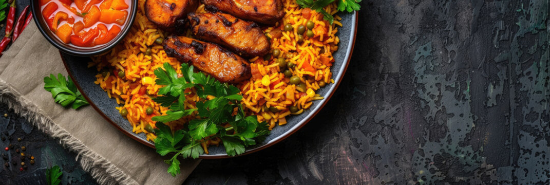 Nigerian jollof rice served with grilled chicken and a side of spicy pepper sauce. Fresh herbs garnish the dish, Independence Day, horizontal banner, copy space, free space for text