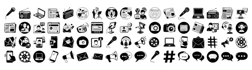 Collection of communication and media icons, including social media, broadcasting, and digital technology symbols