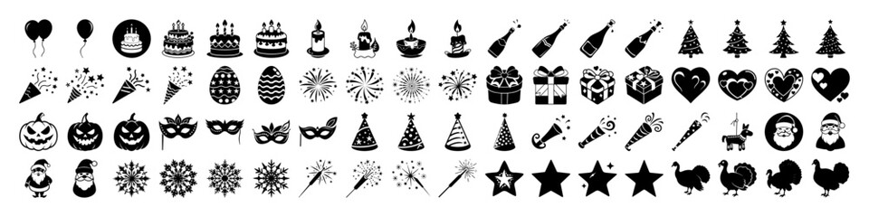Assortment of holiday and celebration icons, featuring balloons, cakes, gifts, masks, and festive symbols