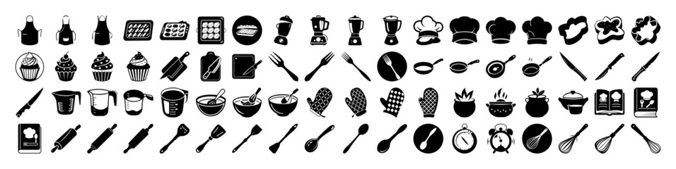 A comprehensive set of kitchen and cooking icons featuring utensils, appliances, cookware, ingredients, and chef accessories