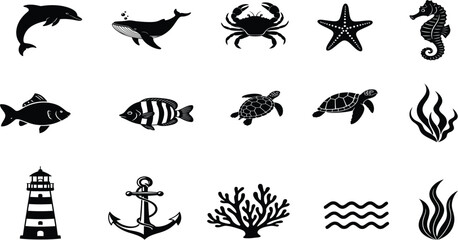 A collection of black and white nautical icons, perfect for summer designs. Includes sea animals, plants, and nautical symbols. Isolated on a white background.