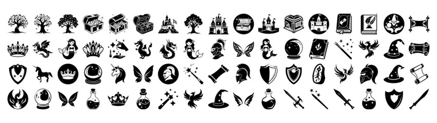 A collection of fantasy and magic icons including castles, dragons, wizards, potions, shields, swords, and mythical creatures