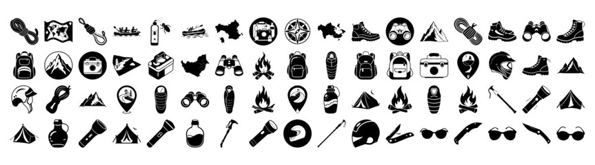 A large collection of camping and hiking icons, including tents, backpacks, compasses, maps, boots, binoculars, flashlights, and campfires, all isolated on a