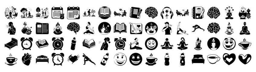 A diverse collection of icons representing health, wellness, and lifestyle, including yoga, meditation, brain, heart, coffee, and time management