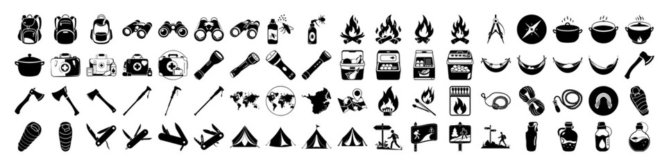 An extensive array of camping and outdoor adventure icons, showcasing items such as tents, campfires, cooking pots, axes, knives, flashlights, backpacks, and navigation tools, all isolated on a