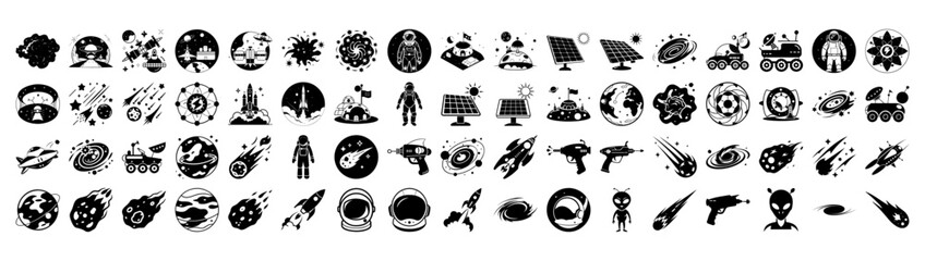 Extensive collection of space and science fiction icons, featuring planets, rockets, astronauts, aliens, stars, and celestial bodies, rendered in a striking black and white silhouette style on a