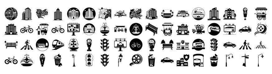 Collection of city and transportation icons, including buildings, traffic lights, cars, bicycles, and street signs, presented in a clean, black and white silhouette style on a