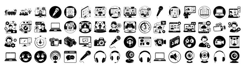 Comprehensive set of communication and technology icons, including people, computers, microphones, cameras, and headphones, presented in a clear black and white silhouette style on a