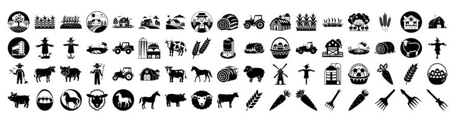 A diverse assortment of black and white icons related to farming and agriculture, featuring elements like tractors, barns, farm animals, crops, and gardening tools, all isolated on a
