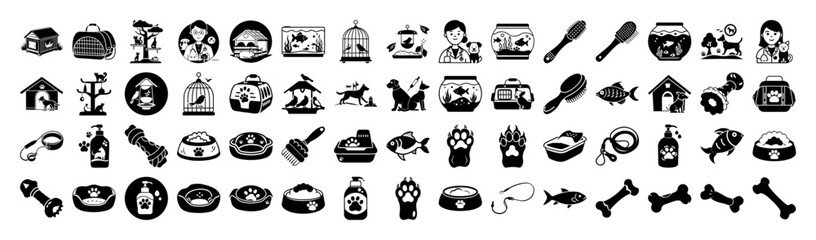 Assortment of pet care and animal icons, featuring cats, dogs, fish, birds, and their accessories like food bowls, toys, and cages