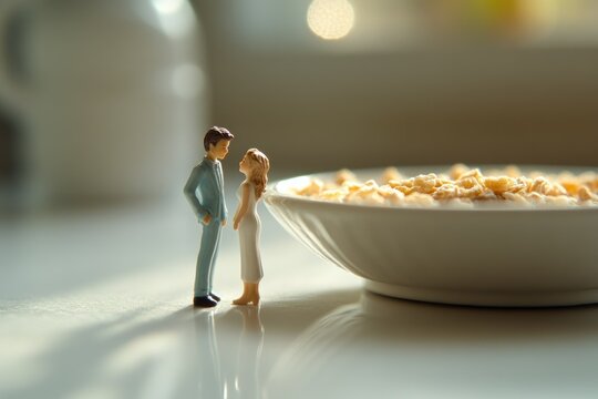 Tiny couple figurines stand beside a giant cereal bowl, sharing a moment in a surreal, dreamlike breakfast scene, symbolizing miniature life.