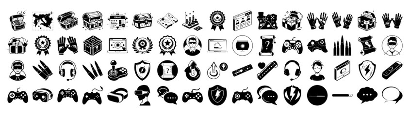 A collection of gaming icons including controllers, headphones, trophies, and gamerelated symbols
