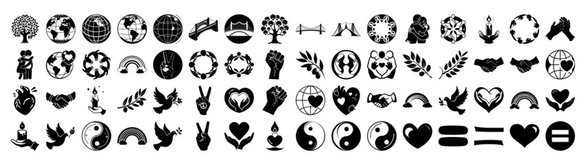 Collection of diverse icons representing peace, unity, and global harmony, including symbols like the earth, hands shaking, hearts, olive branches, and the yin yang sign, all isolated on a