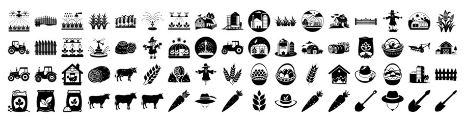 An assortment of farming icons representing crops, livestock, machinery, and farm buildings