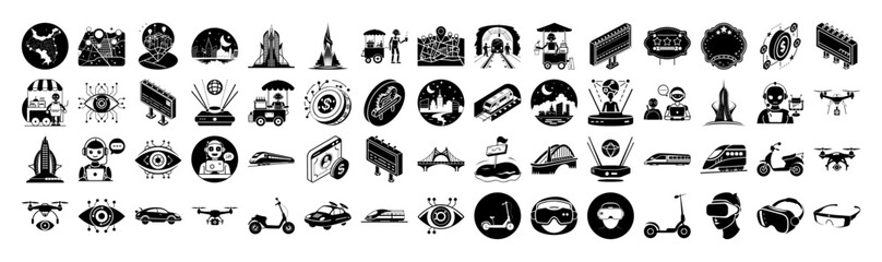 A collection of black and white icons representing transportation, technology, and futuristic concepts, including cars, drones, scooters, and vr headsets, all isolated on a