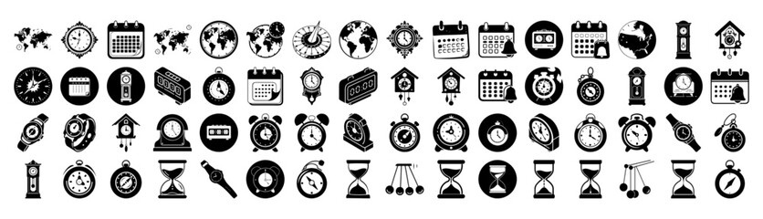 Collection of time and calendar icons, including clocks, watches, hourglasses, and calendars