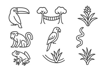 Fototapeta premium Rainforest Icons Collection. Line style icons of Rainforest Canopy: Toucan, Canopy Walkway, Bromeliad, Howler Monkey, Macaw, Liana
