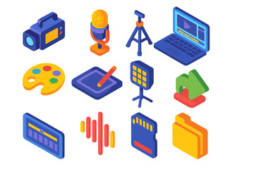 Editing Room Icons. Isometric vector illustration set Editing Room Icons: video camera, microphone, tripod, laptop, palette,