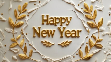 Serpentine Happy New Year Golden Text with Luxurious Laurel Wreaths on White Textured Background