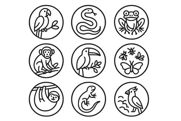 Jungle Wildlife Icons. Line style icons of wildlife in jungle in round shape: parrot, snake, tree frog, jaguar; monkey, toucan,