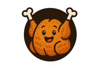 Cute cartoon roasted chicken or turkey mascot character with a big smile, raising drumsticks, transparent background