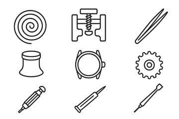Watchmaker's Tools Icons. Line style icons of Watchmaker's Bench: Mainspring, Movement Holder, Tweezers, Loupe, Watch Case, Gear