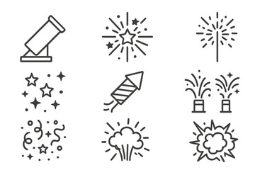 Fototapeta premium Fireworks Line Icons. Line style icons of Fireworks Display: Launch Tube, Star Burst, Sparkler, Night Sky, Rocket Firework,