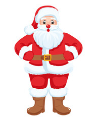 Full body illustration of Santa Claus standing with hands on hips, wearing his classic red and white suit, beard, and hat.
