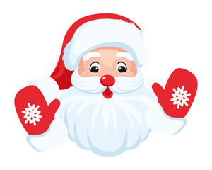 Cute Santa Claus face with a white beard, red mittens, and snowflakes on a white background. Merry Christmas character illustration for holiday design