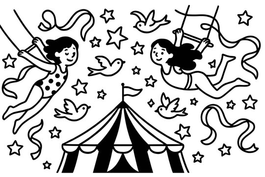 Magical Trapeze Scene. Magical trapeze artists swinging with stars, ribbons, and birds flying around the big top, black and white