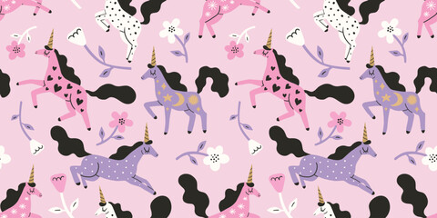 Cartoon beautiful unicorns seamless pattern in pink and violet pastel colors. Cute fairy tale horses with magic horn and flowers. Illustration for printing on fabric, packaging paper. Cute background. © Anna