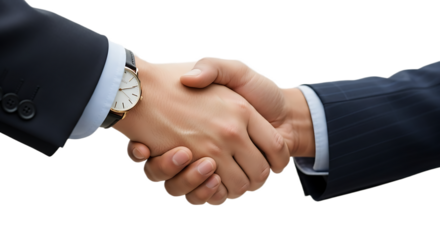 A close up of two businessmen shaking hands wearing suits and a wristwatch on a black background