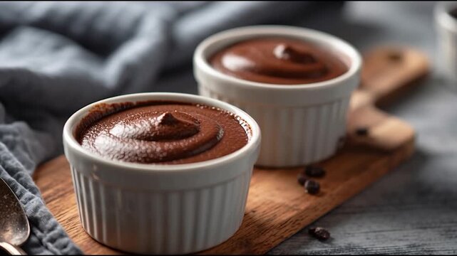 Two small white ramekins filled with rich chocolate mousse, placed on a wooden board with coffee beans scattered around.